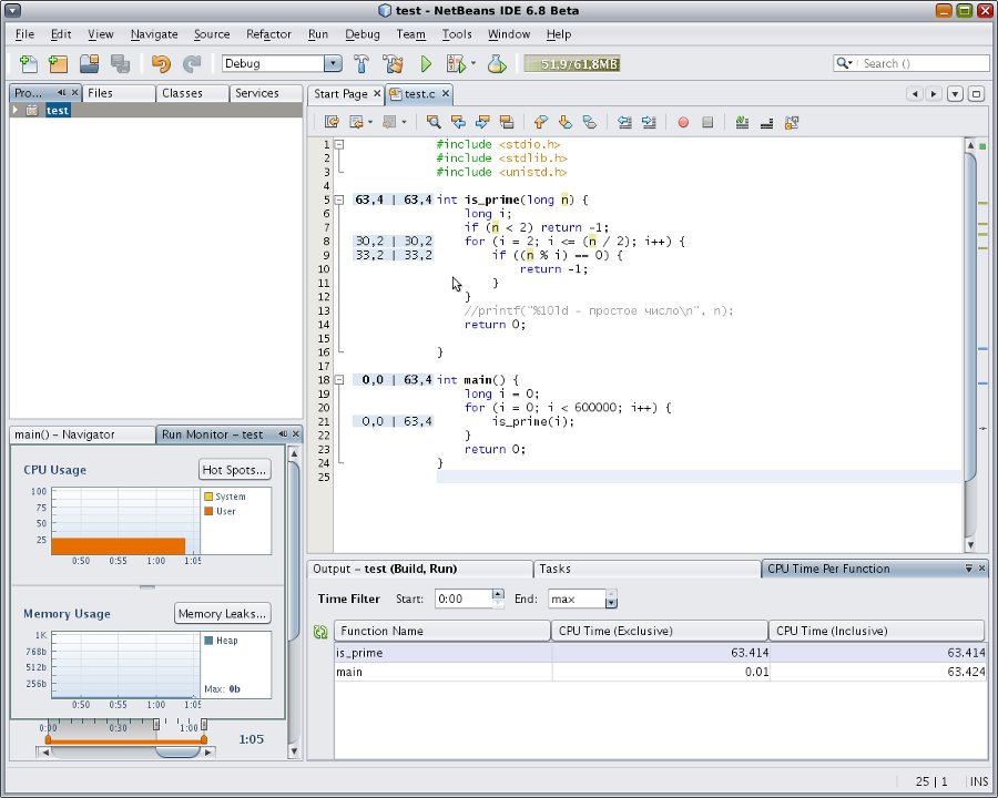 NetBeans IDE 6.8 с C/C++ Pack. Использование процессора (CPU Usage). Sun Studio.