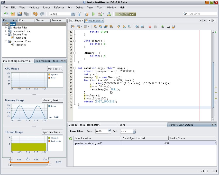 NetBeans IDE 6.8 с C/C++ Pack. Использование памяти (Memory Usage). Sun Studio.